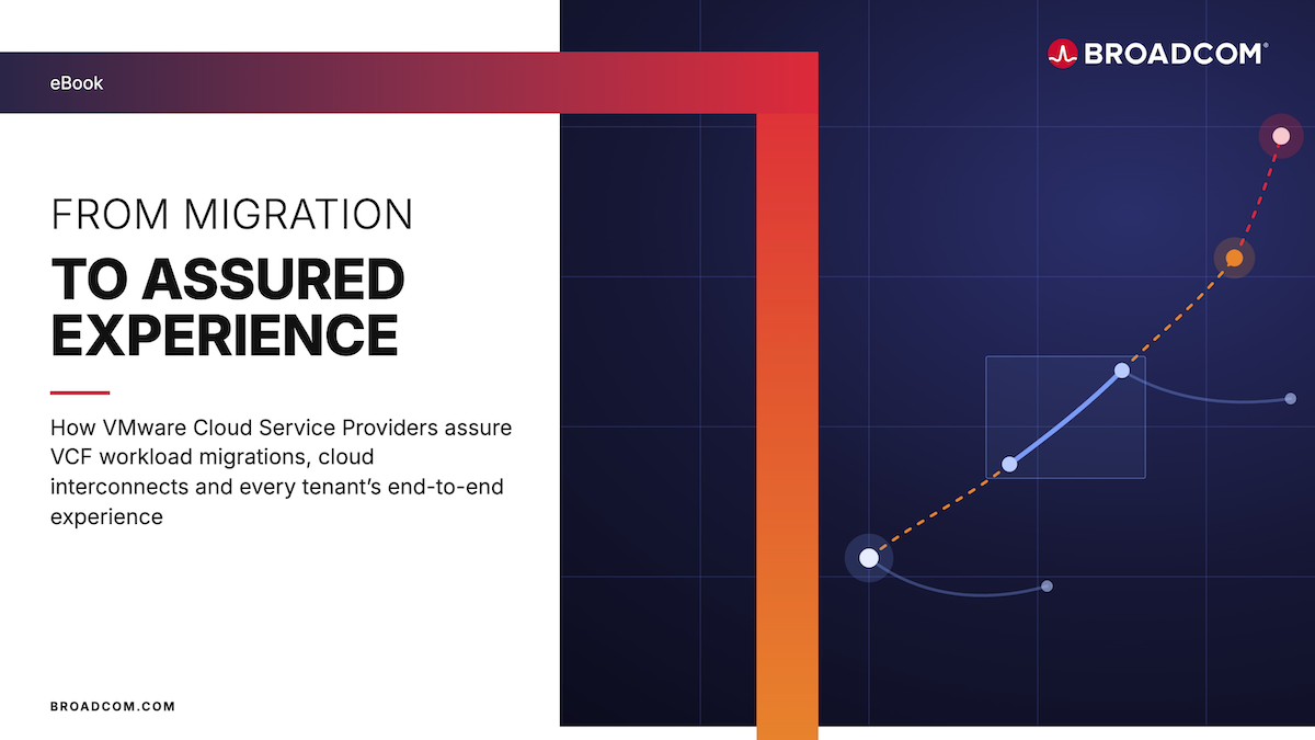 Digital cover graphic for the eBook "From Migration to Assured Experience" by Broadcom. The dark blue grid background displays an ascending application path diagram with interconnected telemetry nodes alongside an angled red-to-orange gradient border. Subtitle reads: "How VMware Cloud Service Providers assure VCF workload migrations, cloud interconnects and every tenant's end-to-end experience." Broadcom logos appear in the upper-right and lower-left corners.