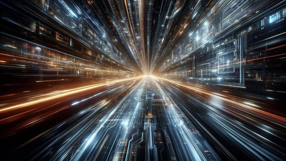 High-speed digital data streams flowing through an illuminated circuit corridor, representing surging AI network traffic and observability challenges.